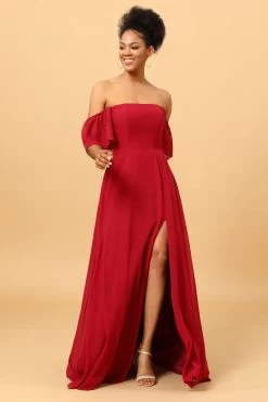 Bordeaux Off The Shoulder Chiffon Bruidsmeisjesjurk Met Spleet -Jurken Korting Winkel PPDG7207 Burgundy 4
