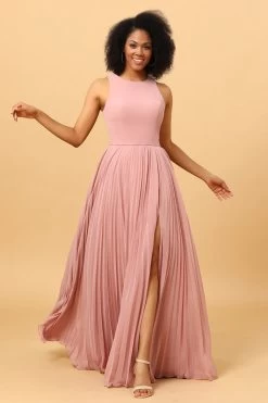 Blush Lange Chiffon Geplooide Bruidsmeisje Jurk Met Spleet