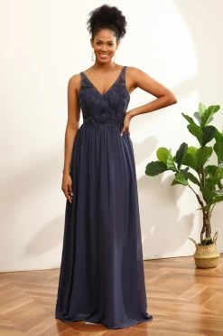 Dusty Blue Ruched Long Chiffon Bruidsmeisje Jurk Met Spleet -Jurken Korting Winkel PPDG8010 Navy 1