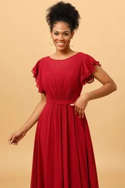 Chiffon Bordeaux Bruidsmeisjes Jurk Met Ruches Mouwen -Jurken Korting Winkel PPHG9805 Burgundy 6