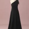 Zwarte Chiffon One Shoulder A-Line Junior Bruidsmeisje Jurk -Jurken Korting Winkel PPHGHT126Black 1