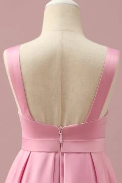 Roze Satijn Hoog Laag Junior Bruidsmeisje Jurk -Jurken Korting Winkel PPHGHT130 Pink 5