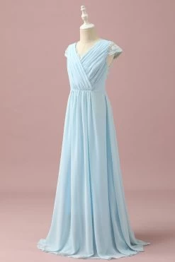 Lichtblauwe Kant En Chiffon V-hals Junior Bruidsmeisjesjurk -Jurken Korting Winkel PPHGHT139LightBlue 3