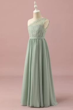 Groene One Shoulder Lace En Chiffon Junior Bruidsmeisje Jurk -Jurken Korting Winkel PPHGHT144 Green 3