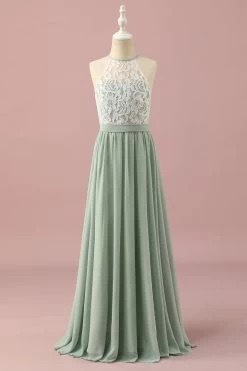 Groen Kant En Chiffon Halter Junior Bruidsmeisje Jurk