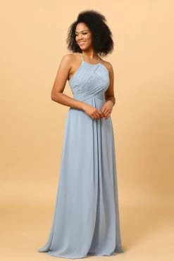 Halter Chiffon Blauw Bruidsmeisje Jurk Met Ruches -Jurken Korting Winkel PPYG0904 Dusty Blue 3