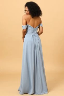 Off Shoulder Chiffon Blauwe Bruidsmeisje Jurk Met Spleet -Jurken Korting Winkel PPYG3603 Dusty Blue 2