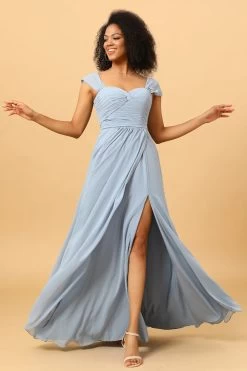 Off Shoulder Chiffon Blauwe Bruidsmeisje Jurk Met Spleet -Jurken Korting Winkel PPYG3603 Dusty Blue 3