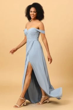 Off Shoulder Chiffon Blauwe Bruidsmeisje Jurk Met Spleet -Jurken Korting Winkel PPYG3603 Dusty Blue 4