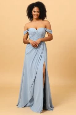Off Shoulder Chiffon Blauwe Bruidsmeisje Jurk Met Spleet -Jurken Korting Winkel PPYG3603 Dusty Blue 5