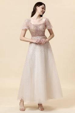 A Lijn Vierkante Hals Blozen Kraal Lange Formele Jurk -Jurken Korting Winkel SQ21236A Blush 6