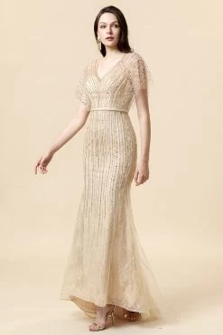 Zeemeermin V-hals Gouden Kralen Lange Formal Jurk -Jurken Korting Winkel SQ62241 Golden 6