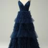 A Line Spaghetti Straps Navy Long Prom Jurk Met Ruches -Jurken Korting Winkel WH2513Navy 1