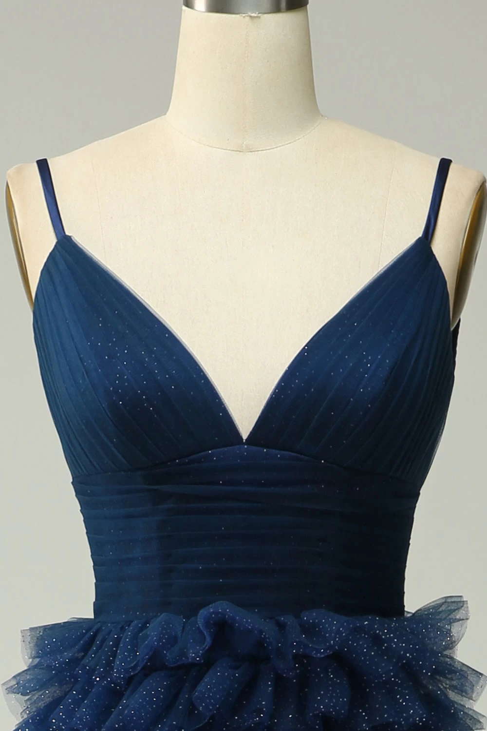 A Line Spaghetti Straps Navy Long Prom Jurk Met Ruches 6 A Line Spaghetti Straps Navy Long Prom Jurk Met Ruches - Afbeelding 4