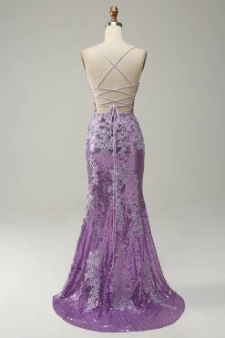 Zeemeermin Spaghetti Bandjes Paars Lange Galajurk Met Appliques -Jurken Korting Winkel WH3201Purple 2