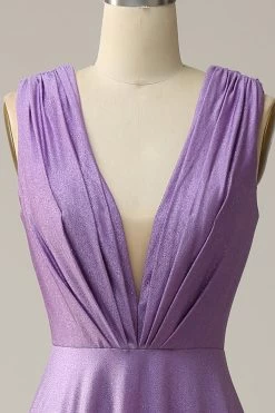 A Line Deep V Neck Paars Mouwloze Lange Galajurk -Jurken Korting Winkel YMS202305Purple 4