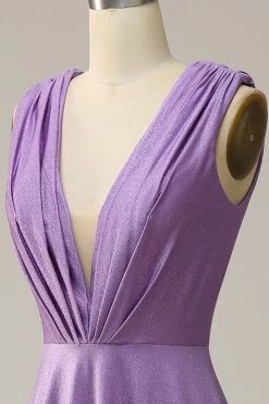 A Line Deep V Neck Paars Mouwloze Lange Galajurk -Jurken Korting Winkel YMS202305Purple 5