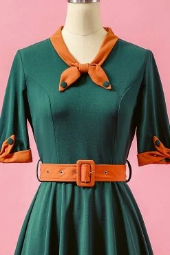 Groene Patchwork Swing Feestjurk Met V-hals 16 Groene Patchwork Swing Feestjurk Met V-hals -Jurken Korting Winkel YYCGHX051111 03