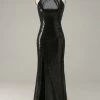 Schede Halter Zwart Pailletten Plus Size Galajurk Met Open Rug -Jurken Korting Winkel YYGXH0017 Black 1