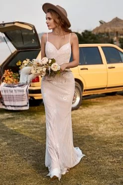 Ivoren En Champagne Spaghetti Straps Zeemeermin Kant Strand Trouwjurk Met Sweep Train -Jurken Korting Winkel YYLH30811 20 first