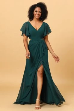 Hollow-out Chiffon Green Bruidsmeisje Jurk Met Ruches Mouwen -Jurken Korting Winkel YYLH30840 20Pine 20 4