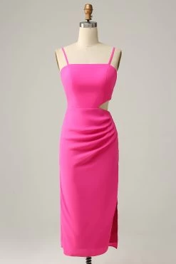 Spaghetti Bandjes Cut Out Hot Pink Bruidsmeisje Jurk Met Ruches