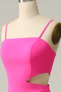 Spaghetti Bandjes Cut Out Hot Pink Bruidsmeisje Jurk Met Ruches -Jurken Korting Winkel YYLH30886 Hot Pink 2