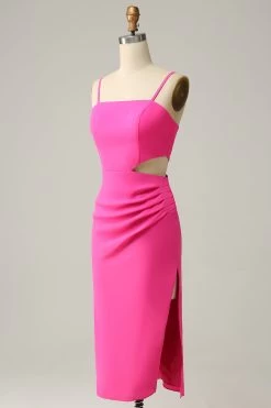 Spaghetti Bandjes Cut Out Hot Pink Bruidsmeisje Jurk Met Ruches -Jurken Korting Winkel YYLH30886 Hot Pink 3