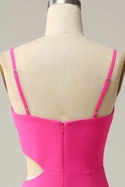 Spaghetti Bandjes Cut Out Hot Pink Bruidsmeisje Jurk Met Ruches -Jurken Korting Winkel YYLH30886 Hot Pink 4