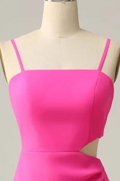 Spaghetti Bandjes Cut Out Hot Pink Bruidsmeisje Jurk Met Ruches -Jurken Korting Winkel YYLH30886 Hot Pink 6