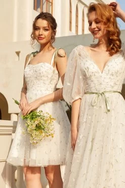 Stijlvolle Spaghetti Straps Witte Korte Homecoming Jurk Met Borduurwerk -Jurken Korting Winkel YYZL196 White 5