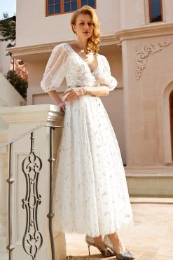 Afdrukken Tule Midi Trouwjurk -Jurken Korting Winkel YYZL197 White 7