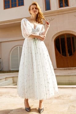 Afdrukken Tule Midi Trouwjurk -Jurken Korting Winkel YYZL197 White 8