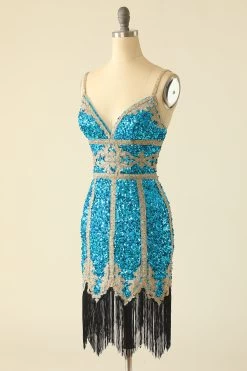 Lake Blue Sequin Korte Homecoming Jurk Met Franjes -Jurken Korting Winkel YYZL267 Lake Blue 3