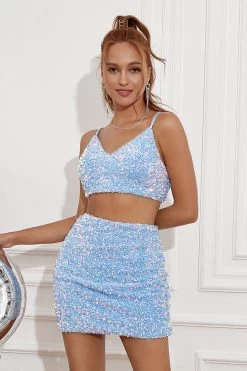 Tweedelige Spaghettibandjes Hemelsblauwe Pailletten Korte Thuiskomstjurk -Jurken Korting Winkel YYZL277SkyBlue 5