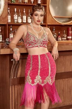 Two Pieces Fuchsia Gatsby 1920s Flapper Jurk Met Franjes -Jurken Korting Winkel YYZL307Fuchsia 3
