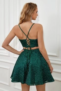 Tweedelige Donkergroene Halter Pailletten Homecoming Jurk -Jurken Korting Winkel YYZL310 Dark Green 9