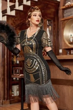 Pailletten Zwart Jaren 1920 Jurk Met Franjes -Jurken Korting Winkel YYZL333 20Black 20Golden 6