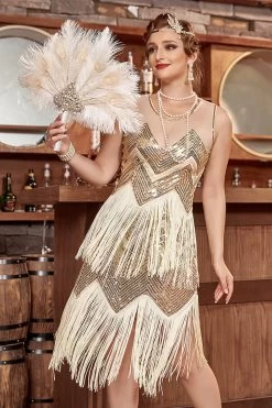 Gouden Jewel Hals 1920s Gatsby Jurk Met Franjes