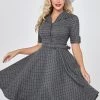 Grijs Geruite Halve Mouwen Vintage Jaren 1950 Jurk -Jurken Korting Winkel YYZL366 Grey Grid 3