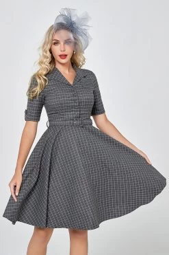Grijs Geruite Halve Mouwen Vintage Jaren 1950 Jurk -Jurken Korting Winkel YYZL366 Grey Grid 5