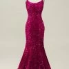 Hot Pink Pailletten Spaghetti Bandjes Zeemeermin Galajurk Met Vetersluiting Rug