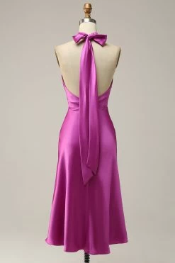 Halter Satijn Fuchsia Bruidsmeisjesjurk -Jurken Korting Winkel YYZL481 Fuchsia 2