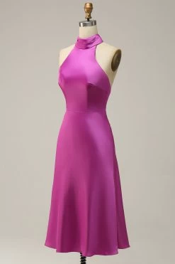 Halter Satijn Fuchsia Bruidsmeisjesjurk -Jurken Korting Winkel YYZL481 Fuchsia 3