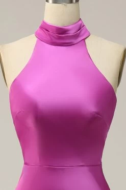Halter Satijn Fuchsia Bruidsmeisjesjurk -Jurken Korting Winkel YYZL481 Fuchsia 4