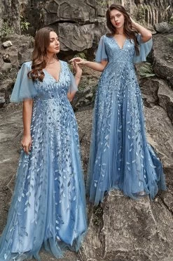 A Lijn V Hals Grijs Blauw Plus Size Galajurk Met Appliques -Jurken Korting Winkel YYZL505GreyBlue 4