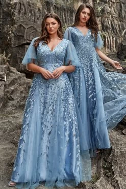 A Lijn V Hals Grijs Blauw Plus Size Galajurk Met Appliques -Jurken Korting Winkel YYZL505GreyBlue 5