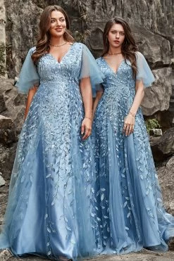 A Lijn V Hals Grijs Blauw Plus Size Galajurk Met Appliques -Jurken Korting Winkel YYZL505GreyBlue 6