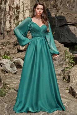 A Lijn Sweetheart Donkergroene Lange Galajurk Met Lange Mouwen -Jurken Korting Winkel YYZL515DarkGreen 5