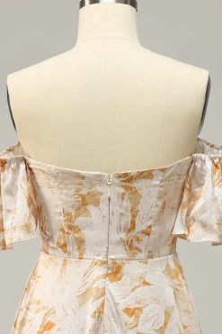 A Lijn Van De Schouder Gele Bloem Bedrukt Plus Size Bruidsmeisje Jurk -Jurken Korting Winkel YYZL553 Yellow Flower 6